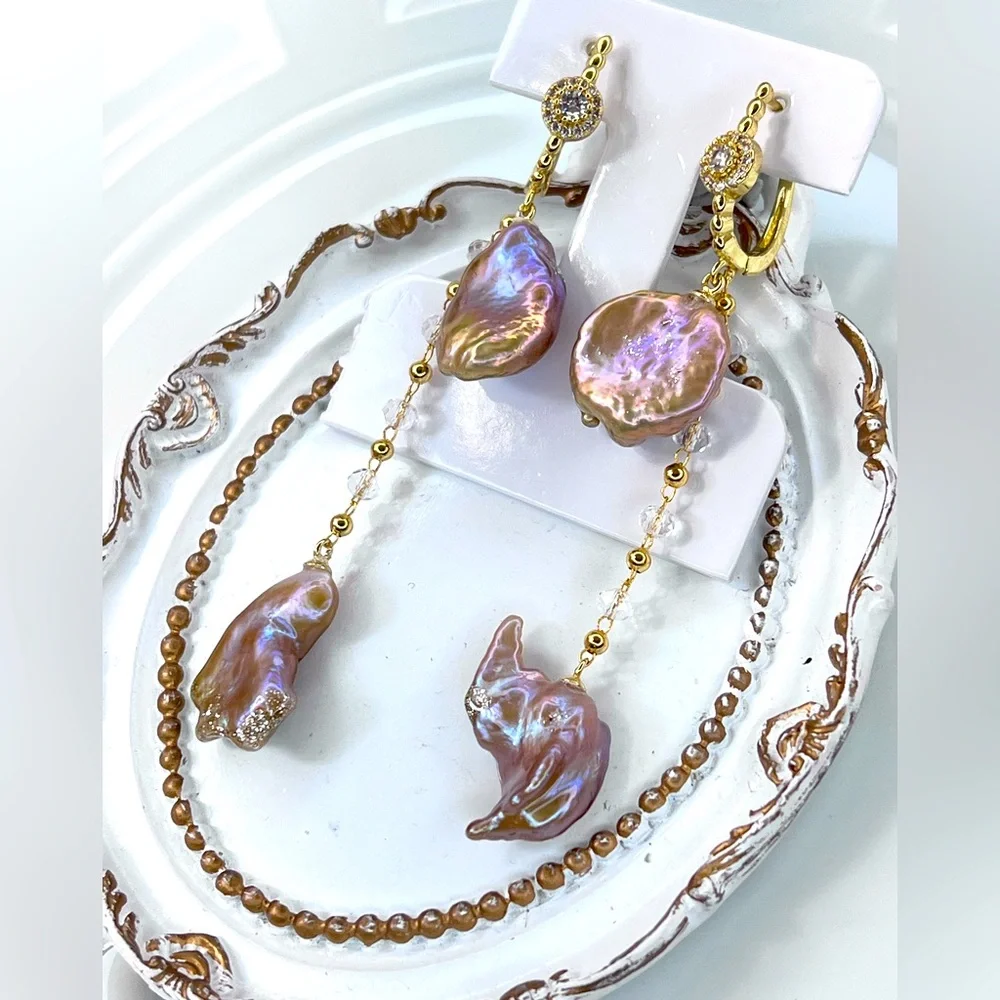 Handmade Freshwater Unicorn 🦄 Keshi Pearl Long Crystal Earrings S925 SS Poats - Picture 2 of 3